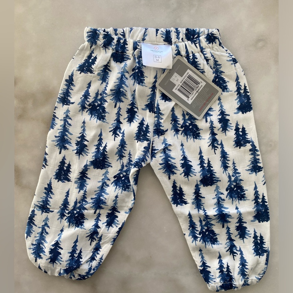 New! Newcastle Classics Mini Pants | Bamboo Muslin - Indigo Forest size 0-6 m